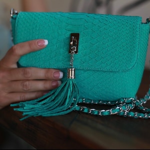May include: A teal green snakeskin-textured crossbody bag with a silver chain strap and a tassel charm.