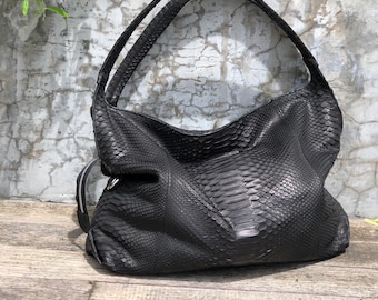 Big Soft Hobo Classy Sport Woman Bag | Purse Genuine Python Skin | Python Skin Products | Black Big Elegant Leather Designer Soft Bag Snake