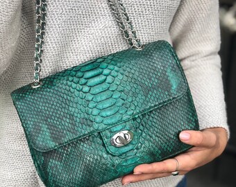 GIDEAL. chain shoulder mini bag【python】 Genuine Python Skin Green Color Shiny Chain Bag | Shoulder