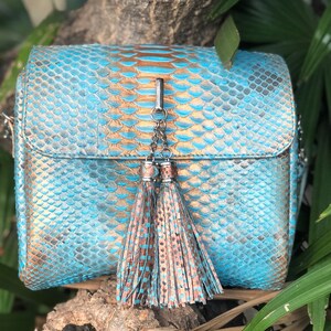May include: A small blue and gold snakeskin handbag with a tassel. The bag has a silver chain strap and a silver clasp.