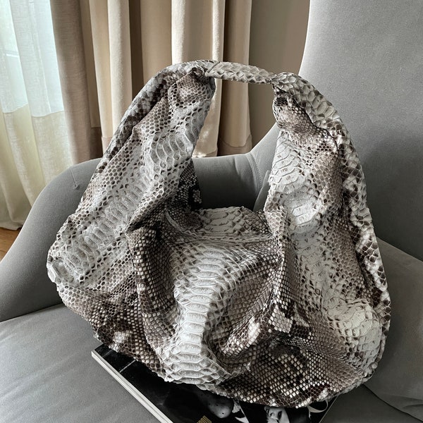 Big Soft Hobo Classy Sport Woman Bag | Purse Genuine Python Skin | Python Skin Products | Gray Big Elegant Leather Designer Soft Bag Snake