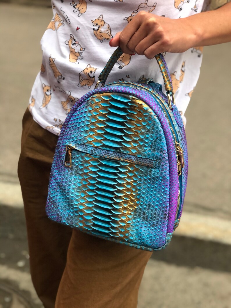 Genuine Python Skin Blue Shiny Backpack | Exotic Leather Bags | Women ...