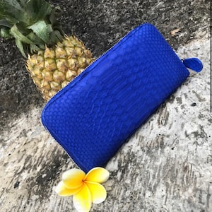 Cartera de piel de pitón auténtica color azul eléctrico, cartera de mujer, cartera de piel para dama, cartera clásica con cremallera, cartera de diseñador hecha a mano, cartera para dinero