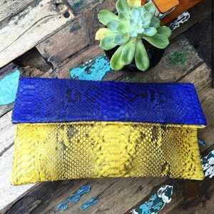 Genuine python skin blue and yellow colorblock handmade clutch, classy elegant leather envelope bag, purse free shipping, flat snake clutch