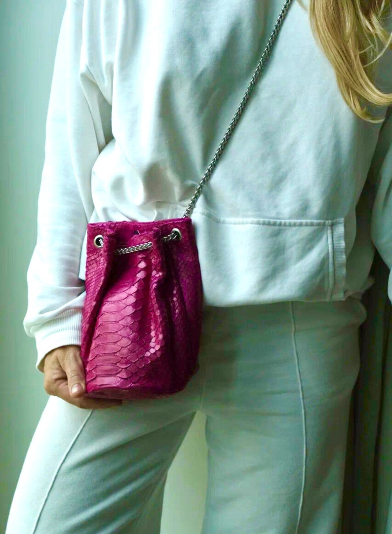 Genuine python skin bucket fuchsia chain bag / designer women purse / bright soft bag / exotic leather bags free shipping | gift for her image 3