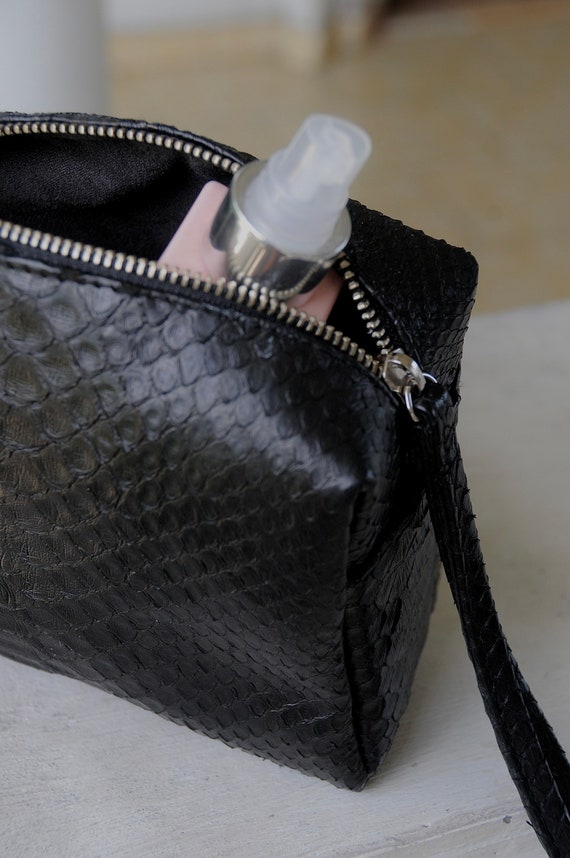 Genuine Python Skin Black Cosmetic Bag | Travel Kit Bag