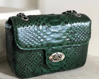 Borsa a tracolla verde scuro Vera pelle di pitone / Catena regolabile Elegante elegante borsa a tracolla in pelle di serpente Borsa estiva da donna / Borsa in pitone