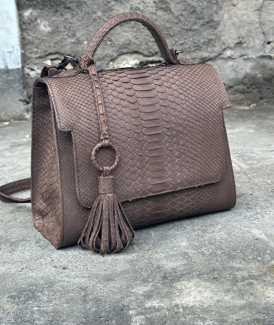 Top Handle Brown Classy Genuine Python Skin Big Bag | Exotic Leather ...
