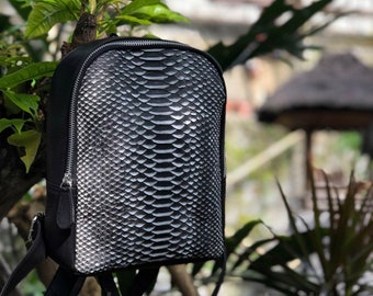 Genuine python skin small backpack | leather backpack black white snake| small designer rucksack | Exotic leather bags | Women handmade bags