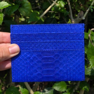 May include: A blue leather card holder with a snakeskin pattern. The card holder has multiple slots for cards.