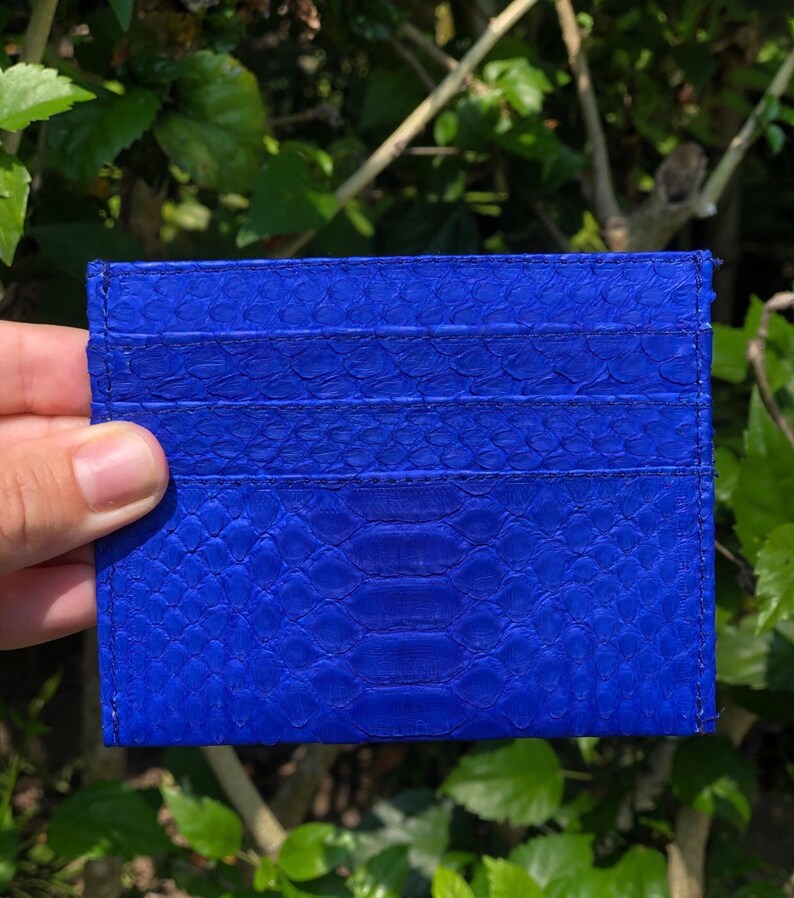 May include: A blue leather card holder with a snakeskin pattern. The card holder has multiple slots for cards.
