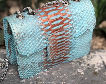 Small Shiny Genuine Python Skin Crossbody Bag | Designer Leather Bag | Evening Chain bag | Exotic Leather Bag | Woman Evening Bag Light Blue