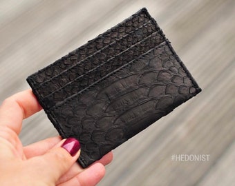 READY TO SHIP Genuine python skin creditcards holder/business cads holder black color unisex wallet small, gift idea , exotic leather craft