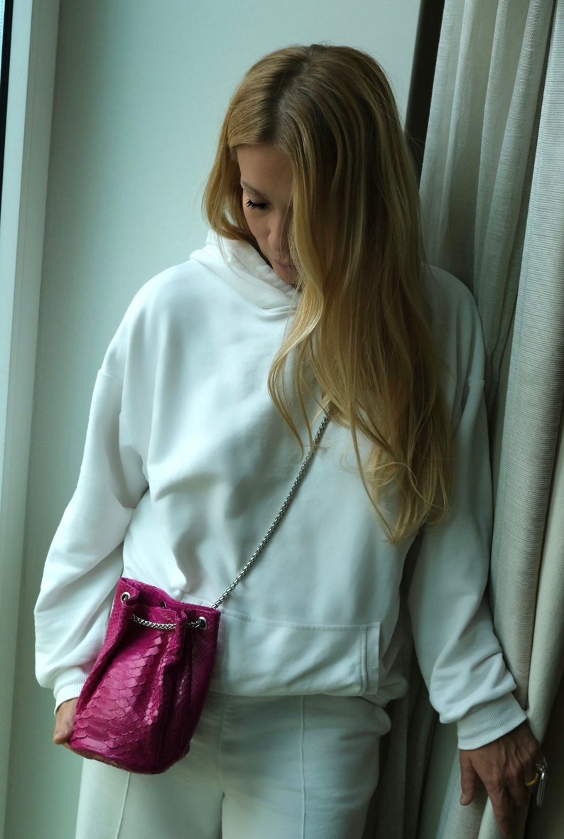 Genuine python skin bucket fuchsia chain bag / designer women purse / bright soft bag / exotic leather bags free shipping | gift for her image 9