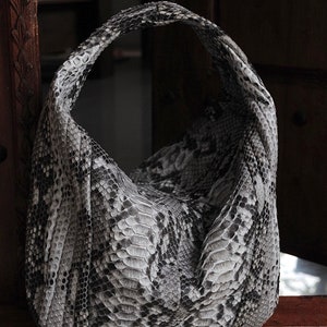 Big Soft Hobo Classy Sport Woman Stitched Bag | Purse Genuine Python Skin | Gray Big Elegant Leather Designer Soft Bag Snake | reptile hobo