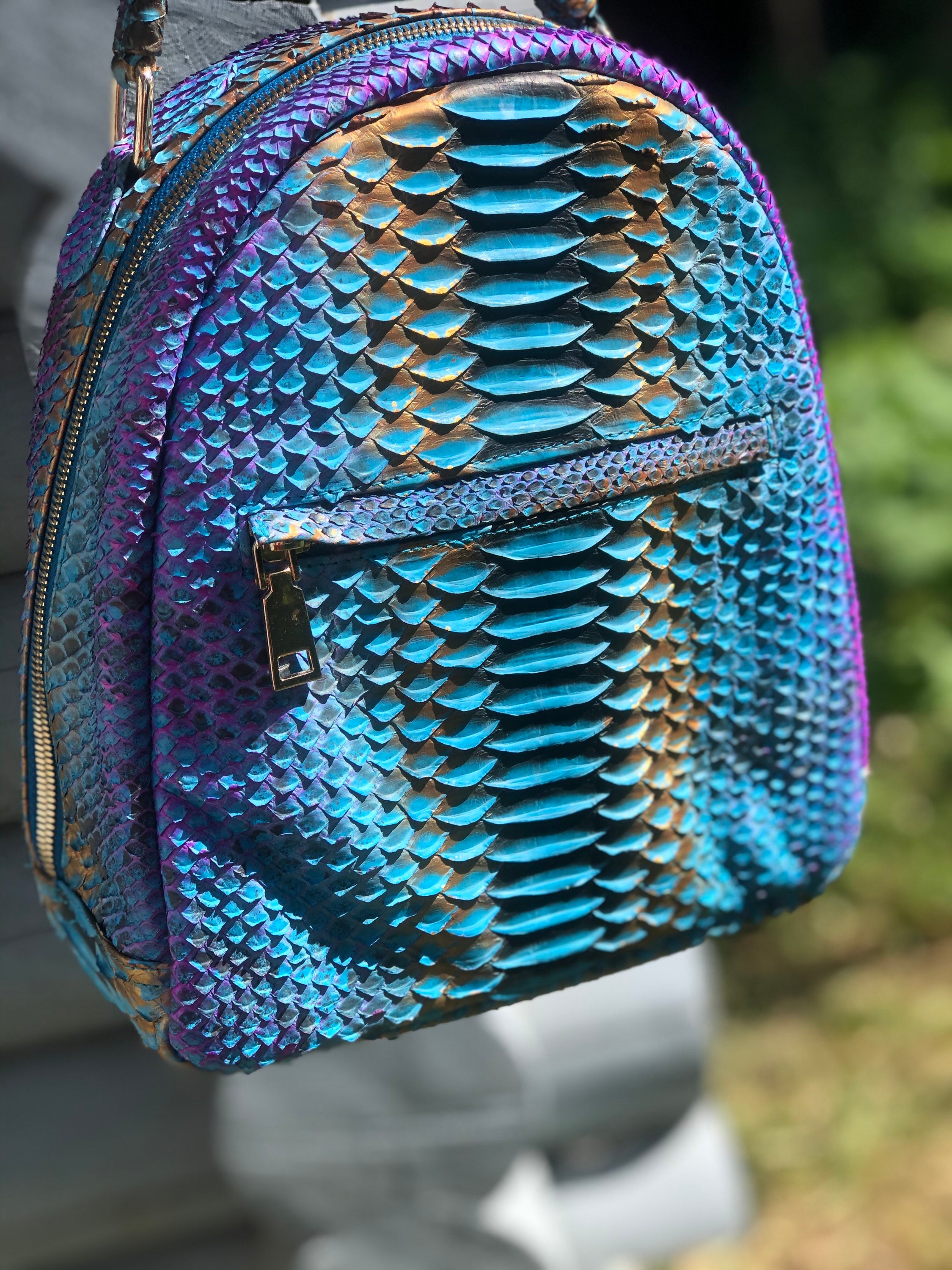 Genuine Python Skin Blue Shiny Backpack | Exotic Leather Bags | Women ...
