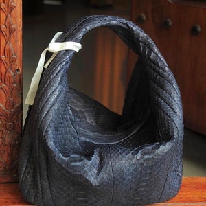 Medium Soft Hobo Classy Sport Woman Stitched Bag | Purse Genuine Python Skin | Dewi blue Big Elegant Leather Designer Soft Bag Snake |