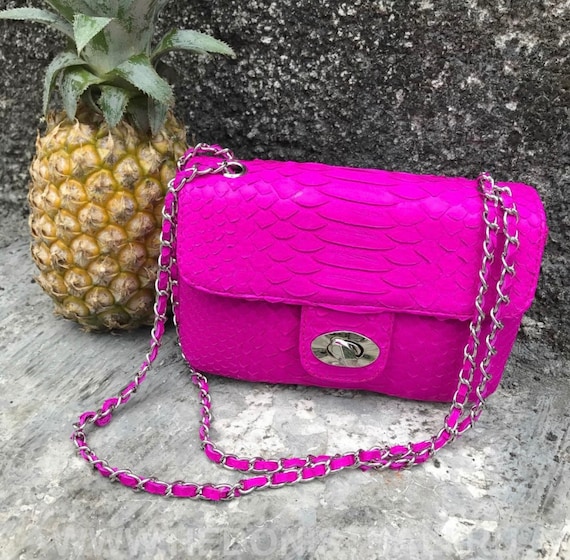 Genuine Python Skin Fuchsia Summer Mini Bag Adjustable Chain 