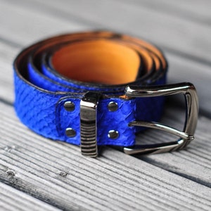 Genuine python skin blue belt | electric blue ultramarine belt | handmade leather belts | unisex belt | exotic leather belt |