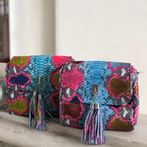 May include: Two colorful crossbody bags with a snakeskin pattern in shades of blue, pink, yellow, and brown. Each bag has a silver clasp and a matching tassel. The bags are rectangular with a flap closure.