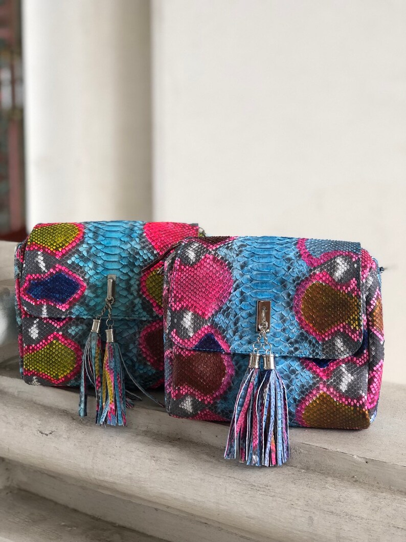 May include: Two colorful crossbody bags with a snakeskin pattern in shades of blue, pink, yellow, and brown. Each bag has a silver clasp and a matching tassel. The bags are rectangular with a flap closure.