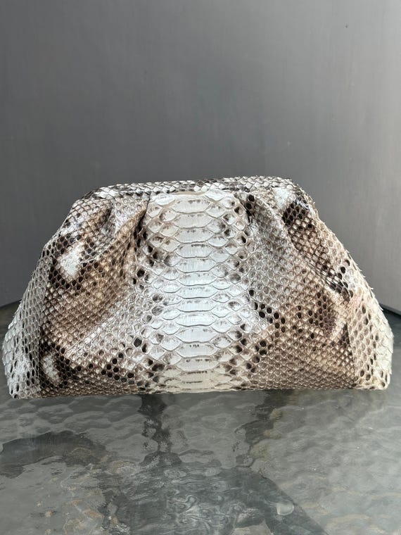 Genuine python skin grey uncolored pouch bag | exotic leather bags | medium size soft clutch | snake designer bag | gift for her | cloud bag