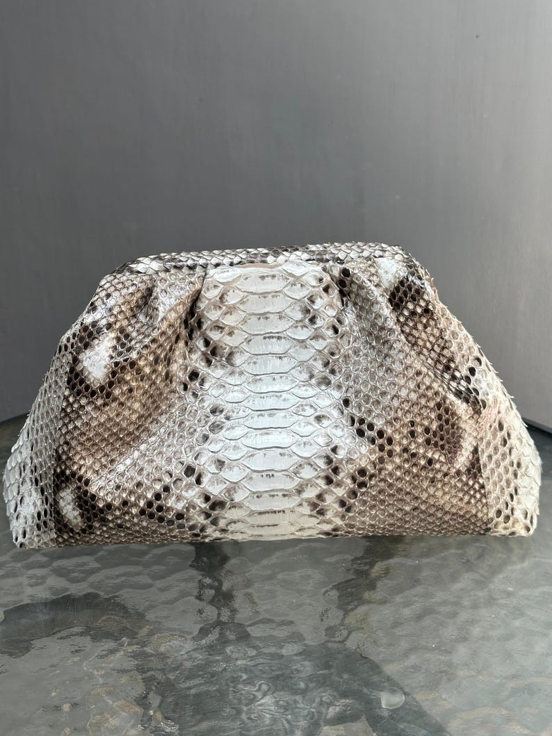 May include: A clutch purse with a snakeskin pattern. The purse is primarily white with brown and black markings. The bag has a gathered top and a rectangular shape. The texture of the snakeskin is visible.