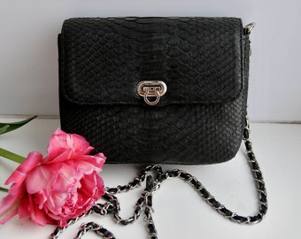 Genuine python skin Gino bag | Black crossbody Bag | Classy Chain Crossbody  Women Bag | Exotic Leather Bag | Designer Handmade Bag