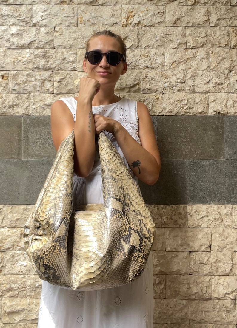 Big Soft Hobo Classy Sport Woman Bag Purse Genuine Python Skin Python Skin Products Beige Big Elegant Leather Designer Soft Bag Snake image 3