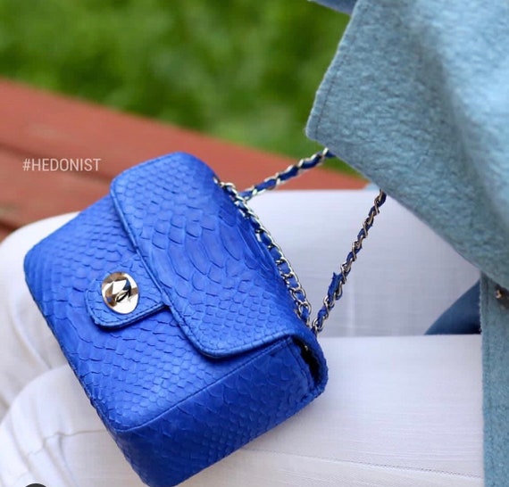 Royal Blue Crossbody Bag Genuine Python Skin | Adjustable Chain Classy Elegant Bright Blue Crossbody Small Lady Summer Bag | Python Purse