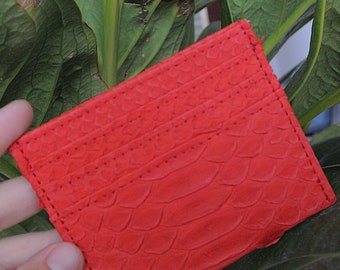 Porta carte di credito in vera pelle di pitone rosso / porta carte da lavoro per auto / portafoglio piccolo / idea regalo porta carte in pelle di pitone esotico
