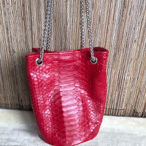 May include: A red snakeskin bucket bag with a silver chain strap.
