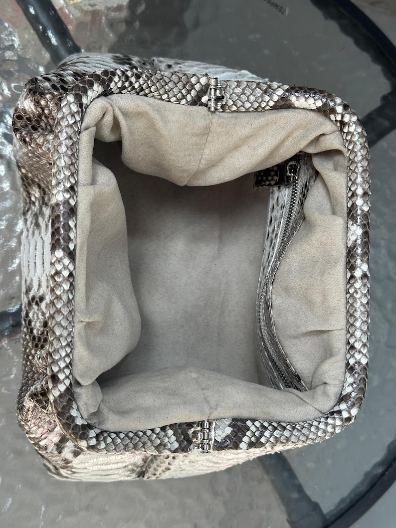 May include: Open, empty handbag with a snakeskin pattern in shades of gray, white, and black. The interior is a light beige fabric. The bag has a silver-colored clasp and zipper.