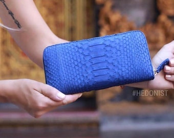 Portefeuille en peau de python véritable bleu classique, portefeuille pour femme portefeuille pour homme, portefeuille unisexe bleu en cuir de python, portefeuille design fait main en python bleu
