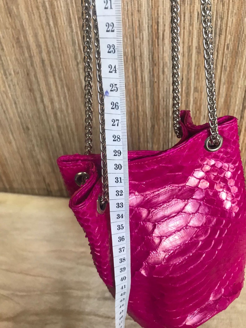Genuine python skin bucket fuchsia chain bag / designer women purse / bright soft bag / exotic leather bags free shipping | gift for her image 7