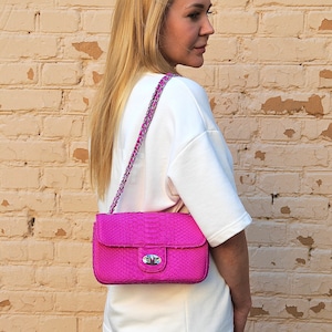 Genuine python skin midi crossbody bag fuchsia colour, summer bright chain crossbody, elegant classy crossbody bag genuine leather summer