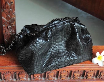 Genuine python skin black pouch bag | exotic leather bags | small size soft clutch | snakeprind designer bag | gift for her | classy purse