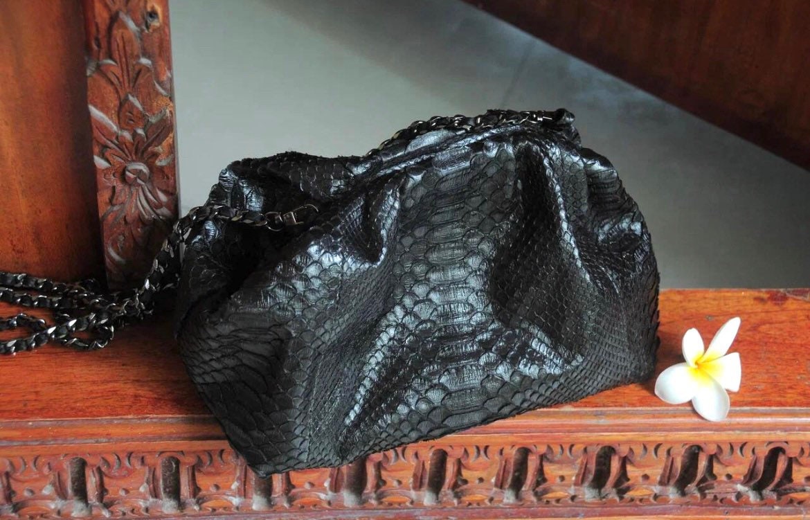 Genuine Python Skin Black Pouch Bag Exotic Leather Bags 