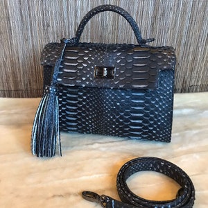 Top handle black w white classy genuine python skin bag | exotic leather bags | Elegant women purse | snake skin bag | designer leather bag