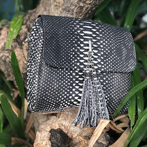 May include: A black and white snakeskin crossbody bag with a silver chain and tassel. The bag has a flap closure and a small pocket on the front.