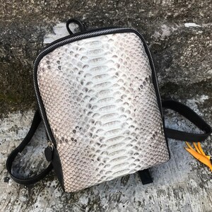 以下が含まれることがあります： 白とグレーのヘビ革のバックパックで、黒いストラップとジッパーが付いています。