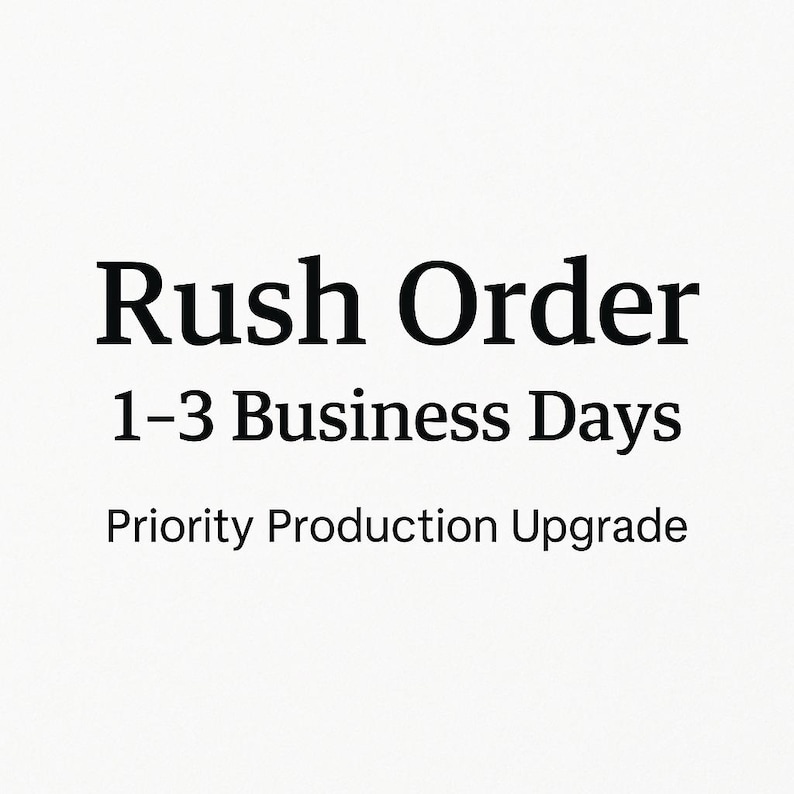 K&ouml;nnte beinhalten: Wei&szlig;er Hintergrund mit schwarzem Text. Der Text lautet "Eilbestellung", gefolgt von "1-3 Werktage" und "Priorit&auml;ts-Produktions-Upgrade". Der Text ist zentriert und in einer fetten, serifenlosen Schrift.