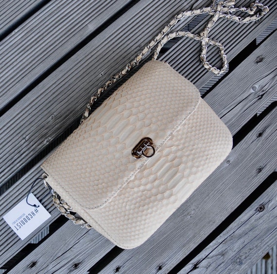 Genuine Python Skin Cream Color Crossbody Detachable Chain