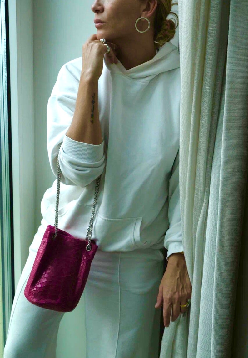 Genuine python skin bucket fuchsia chain bag / designer women purse / bright soft bag / exotic leather bags free shipping | gift for her image 4
