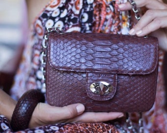 Genuine Python Skin Dark Brown Crossbody Bag | Adjustable Chain Classy Elegant snake Crossbody Small Lady Summer Bag | Brown Python Purse