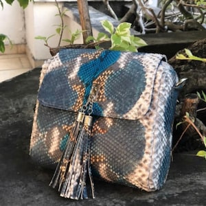 May include: A blue, grey, and white snakeskin handbag with a tassel. The bag has a flap closure and a chain strap.