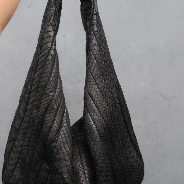 Fast shipping Big Soft Hobo Classy Sport Woman Stitched Bag | Purse Genuine Python Skin | Black Big Elegant Leather Designer Soft Bag