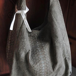 Große weiche Hobo edel Sport Frau Tasche | Geldbörse Echte Python-Haut | Riva Grau Elegant Leder Designer Soft Bag Snake | exotische Leder Geldbörse