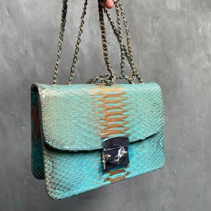May include: A turquoise and brown snakeskin shoulder bag with a gold chain strap and a silver clasp.