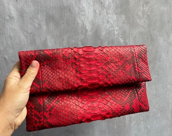 Genuine Python Skin Envelope Red Clutch | Exotic Leather Bags | Small Classy Handmade Clutch | Flat women Elegant Evening Clutch| Snake Bag